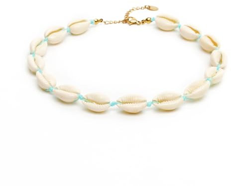 BERGERLIN Muschelkette für Damen und Herren - Mit vergoldetem Verschluss und Echtheitszertifizierung - Muschel Halskette, Muschel Choker (M-L, Blau)