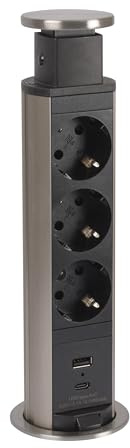 LEGRAND, Incara Tower 60, Einbausteckdose mit Lift-System, Multi-Tischsteckdose, 2x USB (A+C), 3x Steckdosen, 2P+E Stecker, Durchmesser: 60mm, Einbautiefe: 356,5mm, 15 W, Aluminium/Schwarz, 654974