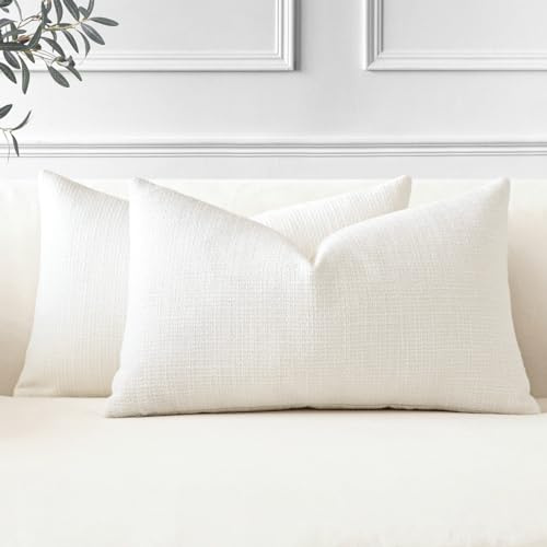 JOTOM 2er Set Leinen Kissenbezüge, Dekorative Weich Einfarbig Wurf Kissenbezug Moderne Kissenhüllen Sofakissen Dekokissen Zierkissenbezug für Wohnzimmer Schlafzimmer Deko (30x50cm, Cremeweiß)