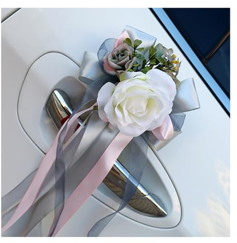 Qiantull Lot de 4 flores de seda para coche - Mango de puerta de coche - Retrovisor - Rosa artificial - Lazo - Decoración de boda - Para fiesta de boda, iglesia, coche de boda, fiesta