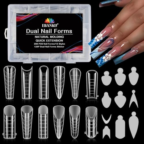 EBANKU 288 ST Clear Dual Nail Forms System Heltäckande nagelformsspetsar Akryl Nagelförlängning med 120 ST Nagelformade klistermärken för nageldesign