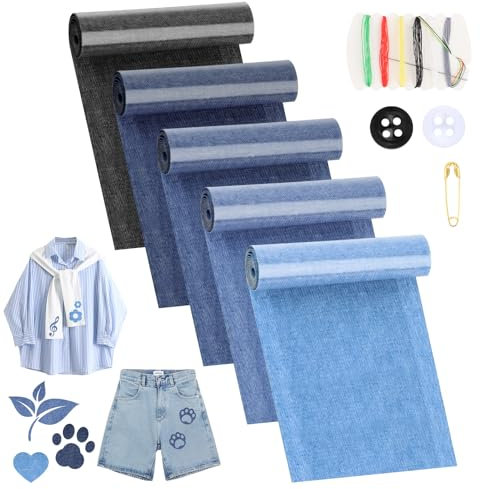 UKOFEW 5 Rollen Jean Flicken zum Aufbügeln,8 * 50cm Selbstklebende Bügelflicken mit Nähzubehör,Reparatur Patches Kleidung für Jeans Kleidung Lochreparatur und Dekoration