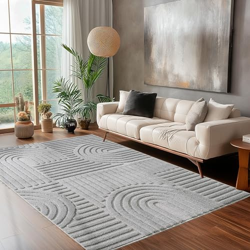 Carpettex Teppich Läufer 60 x 110 cm Silber Skandi-Look - 3D Effekt Boho Muster Teppich Waschbar und Flauschig - Teppich für Wohnzimmer, Schlafzimmer und Esszimmer