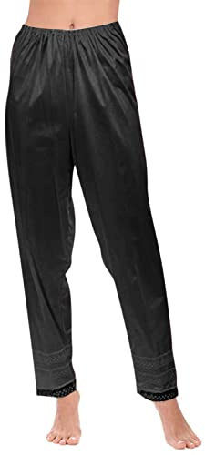 Women's Silk Pettipants Slip Ankle Length Snip-it Pant Liner Satin Culotte Slip Elastic Waistband Lace Sleep Pants (Black, L)
