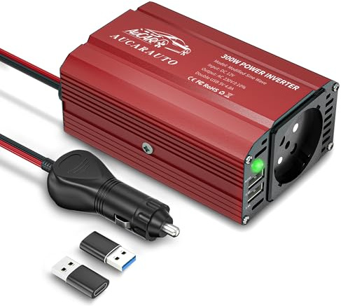 AUCARAUTO 300W Spannungswandler, Wechselrichter 12V auf 230V Stromumwandler mit 4.8A Duales USB kfz ladegerät und Auto Steckdose, Laden Sie Ihr Laptop, iPad, iPhone, Tablet Und Mehr - Rot