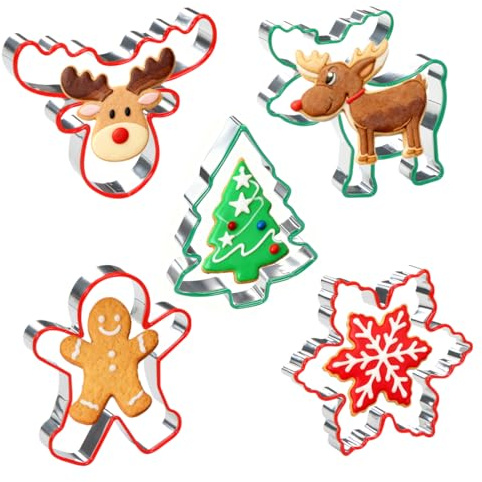 Moldes Galletas Navidad, 5 piezas Cortadores de Galletas Navidad, Moldes Galleta Acero Inoxidable Navideños para Hornear Decoraciones de Pasteles
