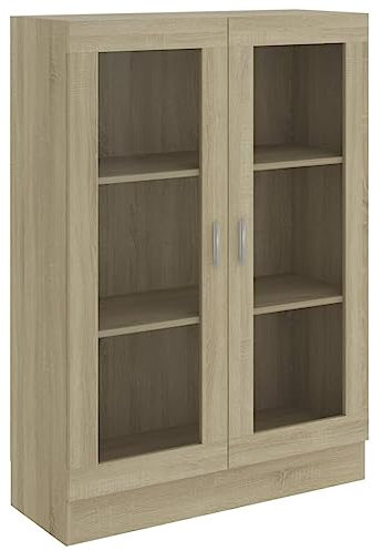 Hommdiy Vitrinenschrank Wohnzimmer,Glas Vitrine Hochglanz mit Glastüren Sonoma-Eiche 82,5x30,5x115 cm Holzwerkstoff