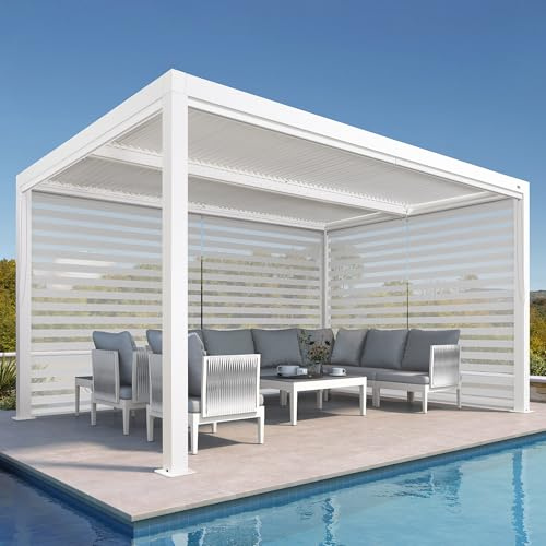 PURPLE LEAF Pergola 3 x 4.25 m mit Seitenwänden Wasserdicht Stabil Winterfest Alu Pergola mit Lamellendach Terrassenüberdachung für Gartren, 1 Lange Seite und 1 Kurze Seite für Terrasse, Weiß