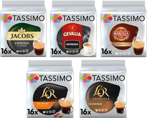 Tassimo Espresso Coffee Selection - Jacobs Classico/Gevalia/Marcilla/L'OR Delicious/L'OR Classic Coffee Pods (Pack of 5, Total 80 Servings)