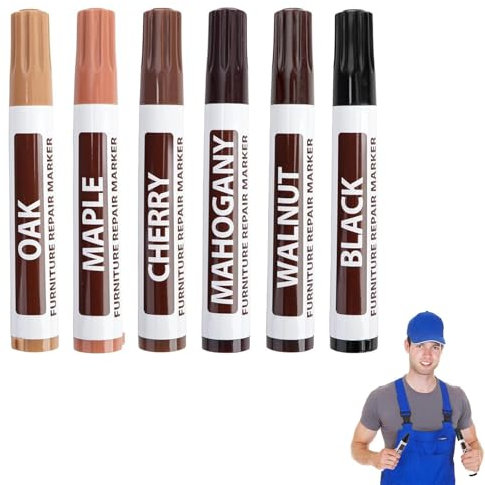 Pennarello per Legno,Pennarello Ritocco Legno,Kit di Riparazione Mobili da 6 Pezzi,Penna per Riparazione Mobili,Kit di Riparazione per Ritocchi per Mobili in Legno di Quercia,Pavimenti,Macchie,Tavoli