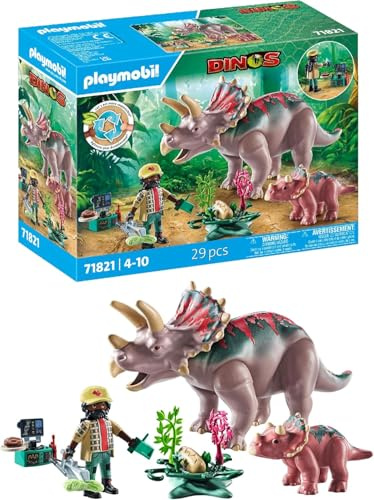 PLAYMOBIL | Dinos | Triceratopo con cucciolo | Set di gioco con dinosauri | Figure di animali | Giocattolo avventuroso | Per bambini dai 4 anni in su | 71821