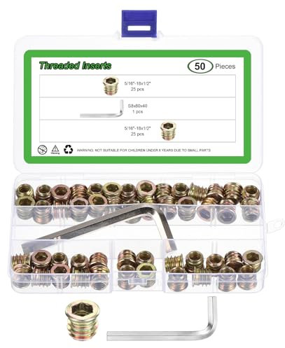 sourcing map 50Pcs 5/16-18x1/2 Threaded Inserts Nuts, Zinc Alloy Hex Socket Drive Screw-in Nut Threaded Inserts with 1Pcs Hex Wrench, Wood Inserts Bolt Assortment Kit for Wood Furniture