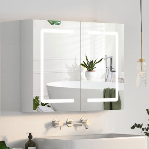 Spiegelschrank bad mit Beleuchtung, Badezimmerschrank mit 2 Spiegel | Wandschrank hängend mit 2 Tür und 3 Einlegeböden für Badezimmer modern,80x13x60cm