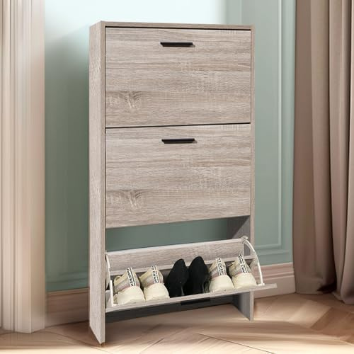 CASABEL Schuhschrank kompakt 18 Paar, Türen und Rahmen aus hellem Holz | Schuhaufbewahrung, 3 Klappen, große Kapazität, verstellbare Regale, platzsparend, modernes Design, einfache Montage