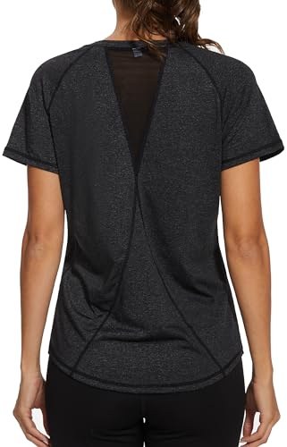 Gyabnw Sport-T-shirt Dam Gym Skjorta Kvinnor Kortärmad Elastisk Axel Mesh Axel Andningsbar Topp Fitness Yoga Löpning Dans, B-svart, 3XL
