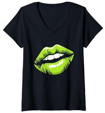 Damen 90er Jahre 80er Party Lila Lippenstift Kiss Kuss Kussmund T-Shirt mit V-Ausschnitt
