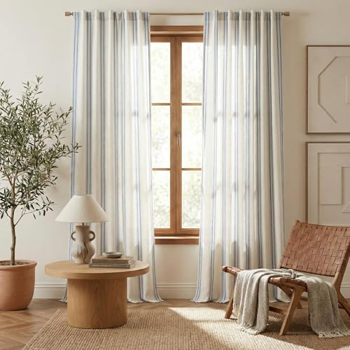 NICETOWN Extra Long Farmhouse Linen Curtains for Bedroom, French Blue Stripes, Privacy Light Filtering Drapes Rod Pocket Back Tab, Boho Chic Curtains for Living Room, 1 Pair, 52W x 84L