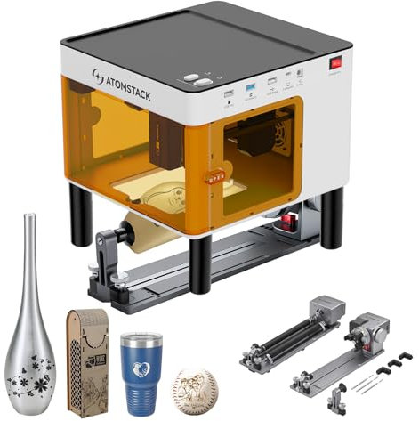 ATOMSTACK P1 Máquina de grabado láser de 5 W con rodillos rotativos láser R8 Pro, grabadora láser portátil de escritorio, motor dual CoreXY, miniimpresora de grabado DlY para metal, madera y cuero