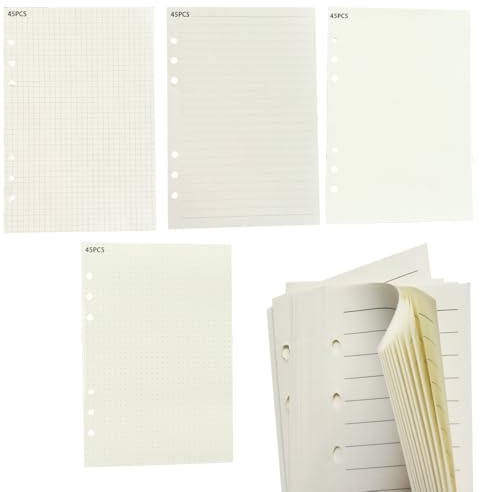 HABNI 4 Pack A5 Papier Einlagen,6 Löcher 180 Blätter A5 Nachfüllpapier Nachfüllbare Refill Paper Nachfülleinlagen für A5 Notizbuch,Tagbuch,Malerei-Gepunktet,Horizontal Linien,Gitter,Blanko