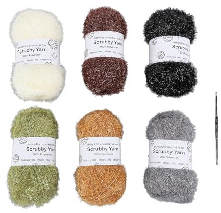 Baxnore Sparkle Yarn Set, Scrubby Yarn, 6 Pack Cotton, Stainless Steel Crocheting Thread, Earth Tone Glitter Dishcloths, Doll Bag Knitting Material for Handmade Crafts