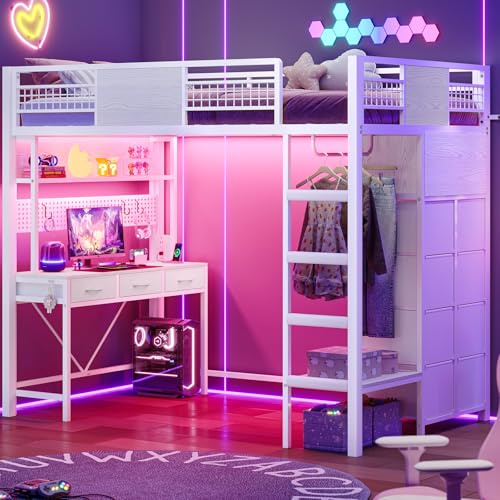 ADORNEVE Twin Size Loft Bed with Desk, 11 Storage Drawers & RGB LED Lights, Metal Loft Bed with Power Outlet, Shelves & Clothing Rack, 13.4 H Safety Guard & Paded Ladder, White