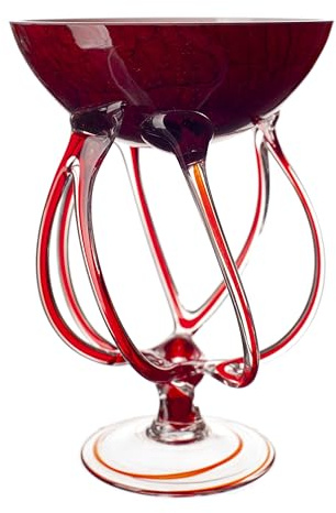 Decorative Glass Bowl Vase with Spiral Legs, Red Marble Design, 18 cm Height