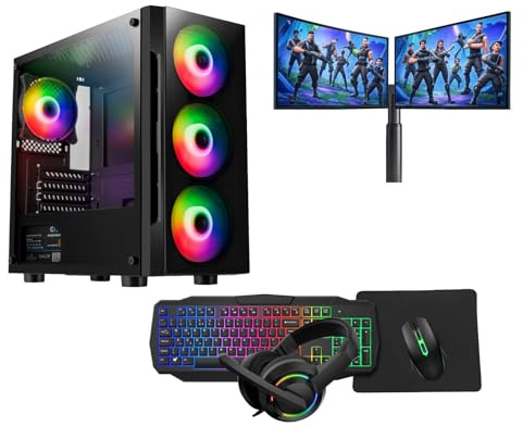 Gaming PC Set – Intel Core i7, GT710 2GB Graphics, 16GB RAM, 128GB SSD + 1TB HDD, Windows 11 Pro, Dual 22 Monitors, Keyboard, Mouse, Headset – Gaming PC Bundle (Alpha Black)