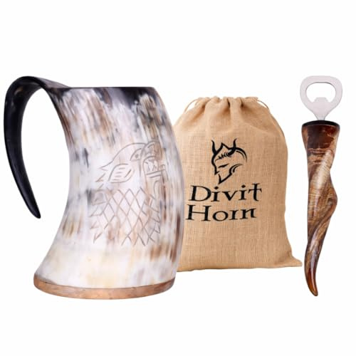 Divit - Tazza in corno vichingo, con apribottiglie (set da 3 pezzi), autentico boccale medievale in corno di birra, bicchiere da birra, boccale in corno di corno, sacchetto regalo in iuta incluso