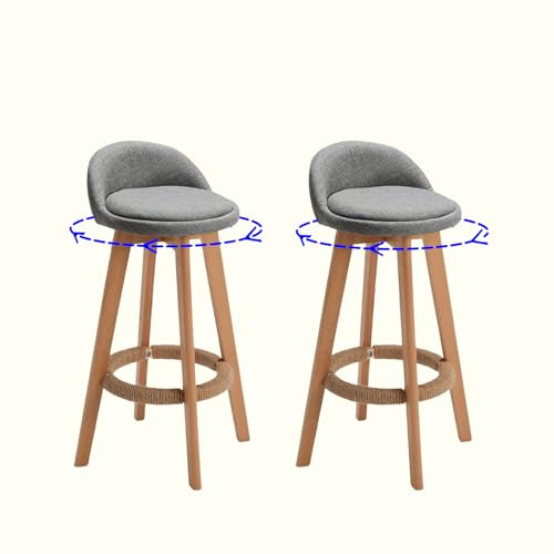 SCGSJZH Drehbare Barhocker 2er-Set Barstuhl mit Lehne stylischer Tresenhocker Gepolsterte Sitzfläche,Küchenstuhl, Grauer Stoffbezug, Holzbeine (73cm)