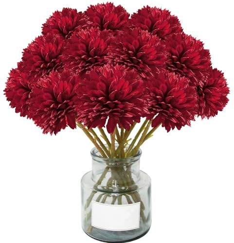 XoeLLe 12 Pcs Chrysanthemum Artificial Flowers, Fake Flowers Long Stem Autumn Flowers Artificial Decorative Faux for Graves Home Decoration Living Room Indoor, Garden, Floral Arrangement (Red)