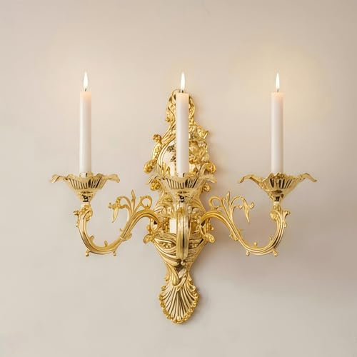 ZOOYOO Gold Wall Candle Holder,Victorian 3-Arm Metal Candelabra Sconce,Antique Iron Wall Mounted Candlestick for Living Room,Dining Room,Bedroom,Fireplace,Hallway