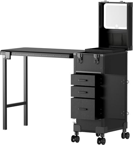 Bärbart manikyrbord med hjul med 3 lådor, LED-spegel och arrangör, låsbart resesminkfodral för arbetsstation, nageltekniker, 71 x 38 x 109,5 cm, svart
