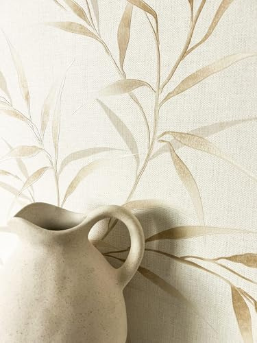 Newroom papier peint intissé beige fleurs feuillage chambre | rameaux scintillants, fine texture lin, motif floral, décoration murale, style bohème campagne scandinave, salon
