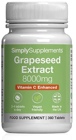 Grape Seed Extract 8000mg with Vitamin C | 360 Tablets | 3 Months Supply | High-strength standardised formula | Vitamin C supports collagen formation and cellular protection | Vegan | UK made