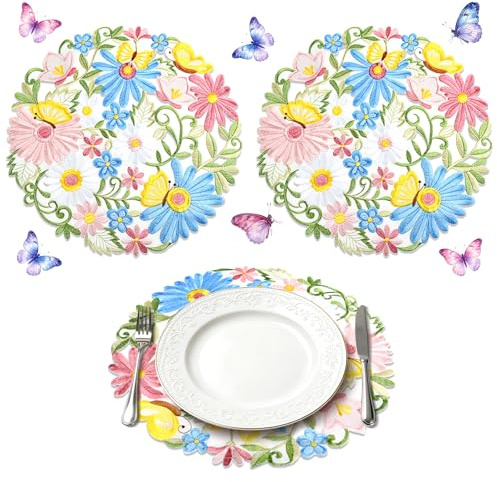 2 Stück Blume Bestickte Tischsets, Frühling Gänseblümchen Blumen Tischsets, 35 cm Runde Platzsets, Frühling Küche Tisch Dekoration, Passend für Hochzeit Esstisch, Festival, Party Dekoration