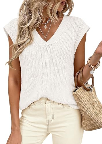 PRETTYGARDEN Women's 2026 Lightweight Sweaters Vest Spring Trendy Cap Sleeve V Neck Knit Tank Tops Summer Going Out Outfits (White,Medium)
