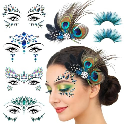 Pfau Kostüm Damen Set,Schminke Pfau,Pfau Themen Outfit Accessoires | Pfauenfedern Haarschmuck+Bunte Pfauenfedern Wimpern+4 PCS Glitzersteine Gesicht,für Fasching, Mottoparty, Cosplay