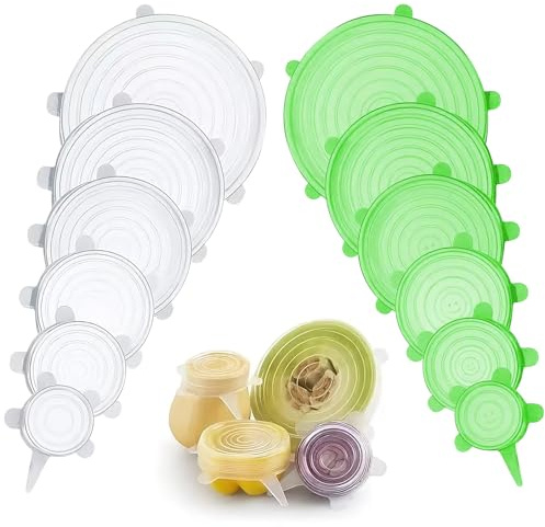 12-Teiliges Set Von Silikondeckel Dehnbar, Wiederverwendbar Silikon Deckel, Silikondeckel für Dosen, 6 Verschiedene Größen, Geeignet für Joghurtbecher, Schüsseln, Gläser und Obst (Weiß und Grün)