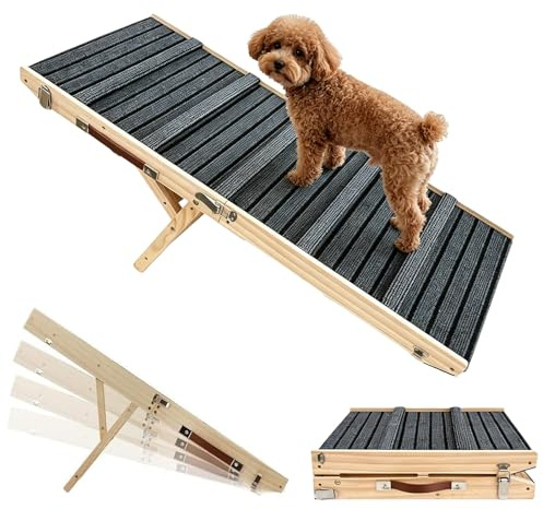 Rampa per cani in legno, 100 x 40 cm, pieghevole e regolabile in altezza, con tappetino antiscivolo, stabile per auto, divano e letto, adatta per cani di taglia piccola, anziana e media