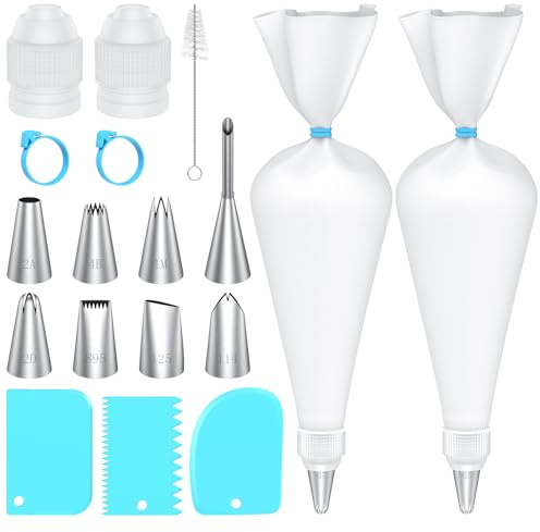 Frapkom Piping Bags and Tips Set, 16 Inch Cotton Reusable 2 Piping Bags, 7 Piping Tips, 2 Couplers, 1 Puff Tip, 1 Brushes, 3 Scrapers. Icing Bags and Tips Set for Cakes/Cupcakes Decorating.