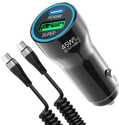 75W Zigarettenanzünder USB C mit 2M Spiral Type C Ladekabel KFZ Ladegerät