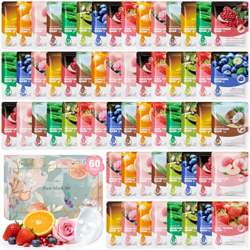 Face Mask Skincare Set, 60PCS Sheet Masks Moisturizing Face Masks for Women | Masks Set with 10 Scents, Hydrating Refreshing Face Pamper Gifts for Teenage Girl Self Care Travel- Christmas, Birthday Gift