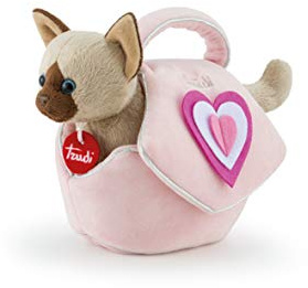 Trudi Pets 29716 Plüschkatze in Einer Tragetasche 12 x 17 x 26 cm, Größe XS, hochwertiges Stofftier mit weichen Materialien, Tragetasche mit Herzen, waschbar, Kuscheltier für Kinder, Beige/Rosa