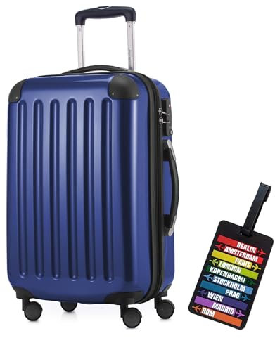 Hauptstadtkoffer - Alex Handgepäck Kabinentrolley Bordgepäck Hartschalen-Koffer, sehr leicht, TSA Zahlenschloss, 55 cm, 42L, Dunkelblau + Design Kofferanhänger