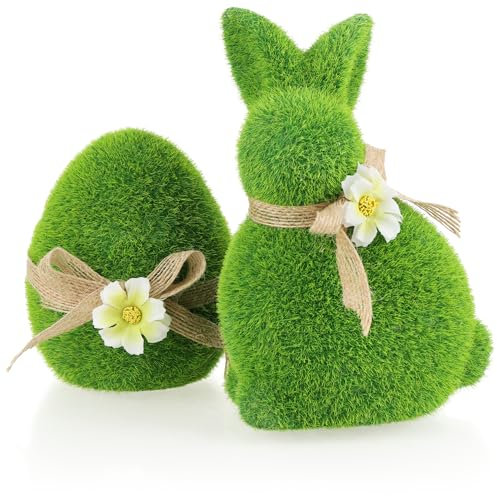 com-four® 2X Dekofigur - Osterhase und Osterei mit Schleife und Blumen - grüne Dekofiguren aus Keramik - Hase und Ei mit Kunst-Gras überzogen für Frühling und Ostern (2-teilig Hase+Ei 17+11cm)