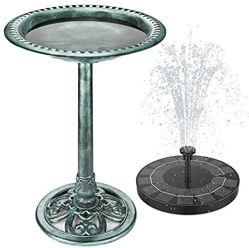 AISITIN Vogeltränke mit 2.5W Solar Springbrunnen, Futterplatz, Garten/Balkon Dekoration, Vogelbecken Vogel Futterstelle Tränke Bad für Balkon Terrasse Gartendeko Vogelbecken Bronzen Kunststoff Grün