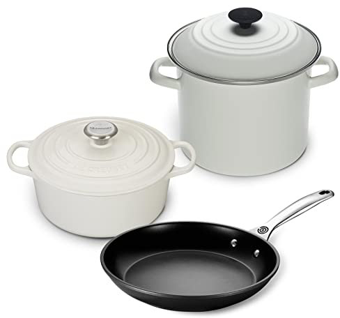 Le Creuset Paquete de 5 utensilios de cocina para horno y estufa con horno holandés redondo de 4-1/2 cuartos de galón, olla cubierta Le Creuset de 8 cuartos de galón y sartén antiadherente endurecida