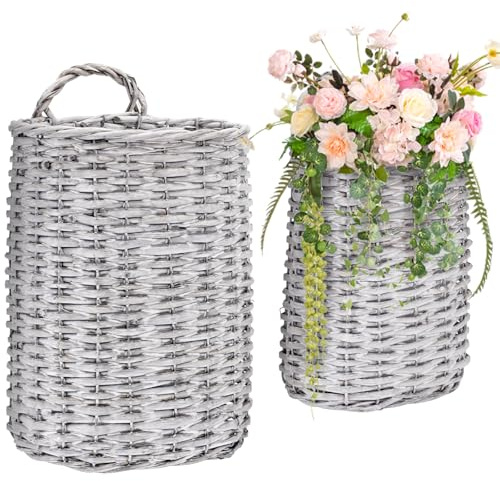 Coloch Set of 2 Wall Hanging Wicker Basket, Farmhouse Garden Hanging Planter Decorative Front Door Hanger Woven Rattan Flower Basket for Wall, Door, Living Room, Patio, 2 Sizes