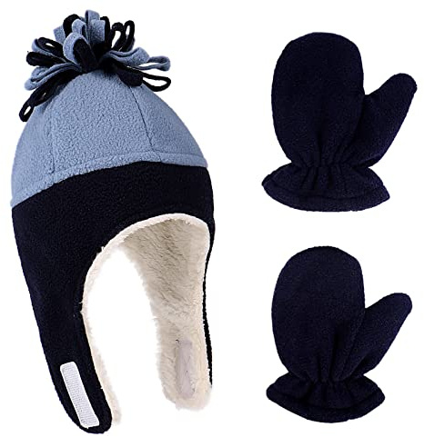 LACOFIA Cappellini Beanie e Manopole Caldo Pile per Neonato Berretto da Pilota Invernale con Paraorecchie e Guanto da Bambino Blu Marino/Blu 3-10 Anni