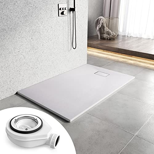 Heilmetz SMC Duschwanne 120 x 90 cm Weiß, flach 2,6 cm inkl. Ablaufgarnitur | Pflegeleichte SMC Duschwanne mit rutschhemmender Steinoptik, 2,6 cm Höhe und 90 mm Ablauföffnung für flexible Montage